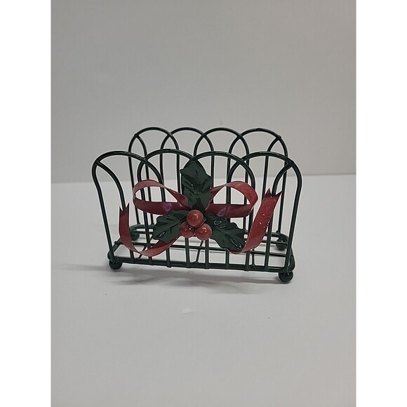Metal Christmas Holiday Tabletop Napkin Holder Green With Red Bow - Picture 1 of 7